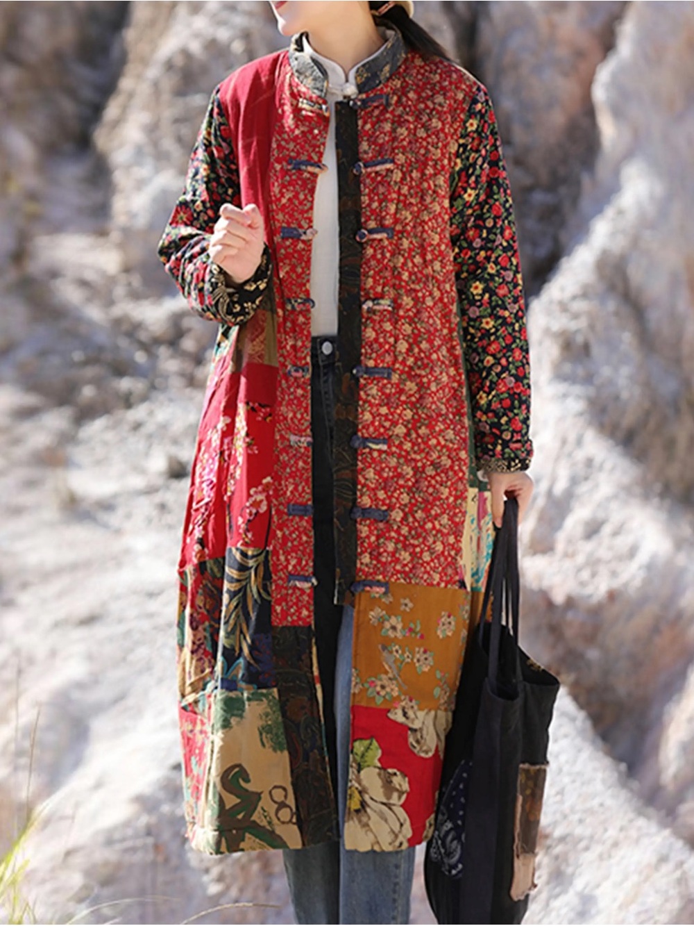 Bohemian Patchwork Red Long Women's Coat